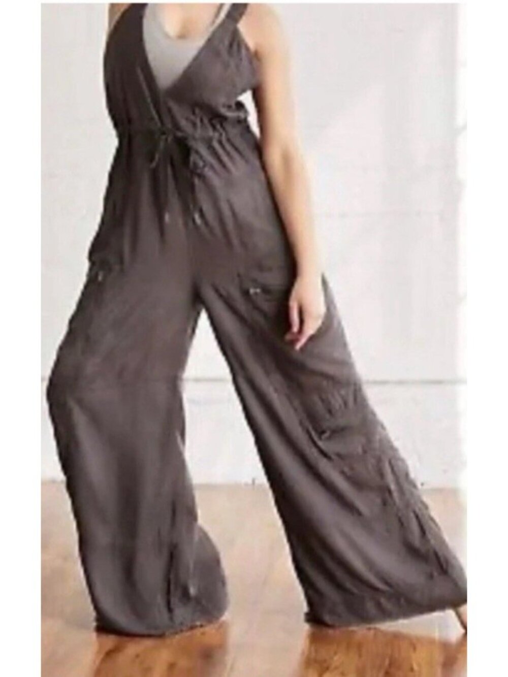 Free People Southern Lights Small Gray Wide Leg Zipper Pockets Cargo Jumpsuit